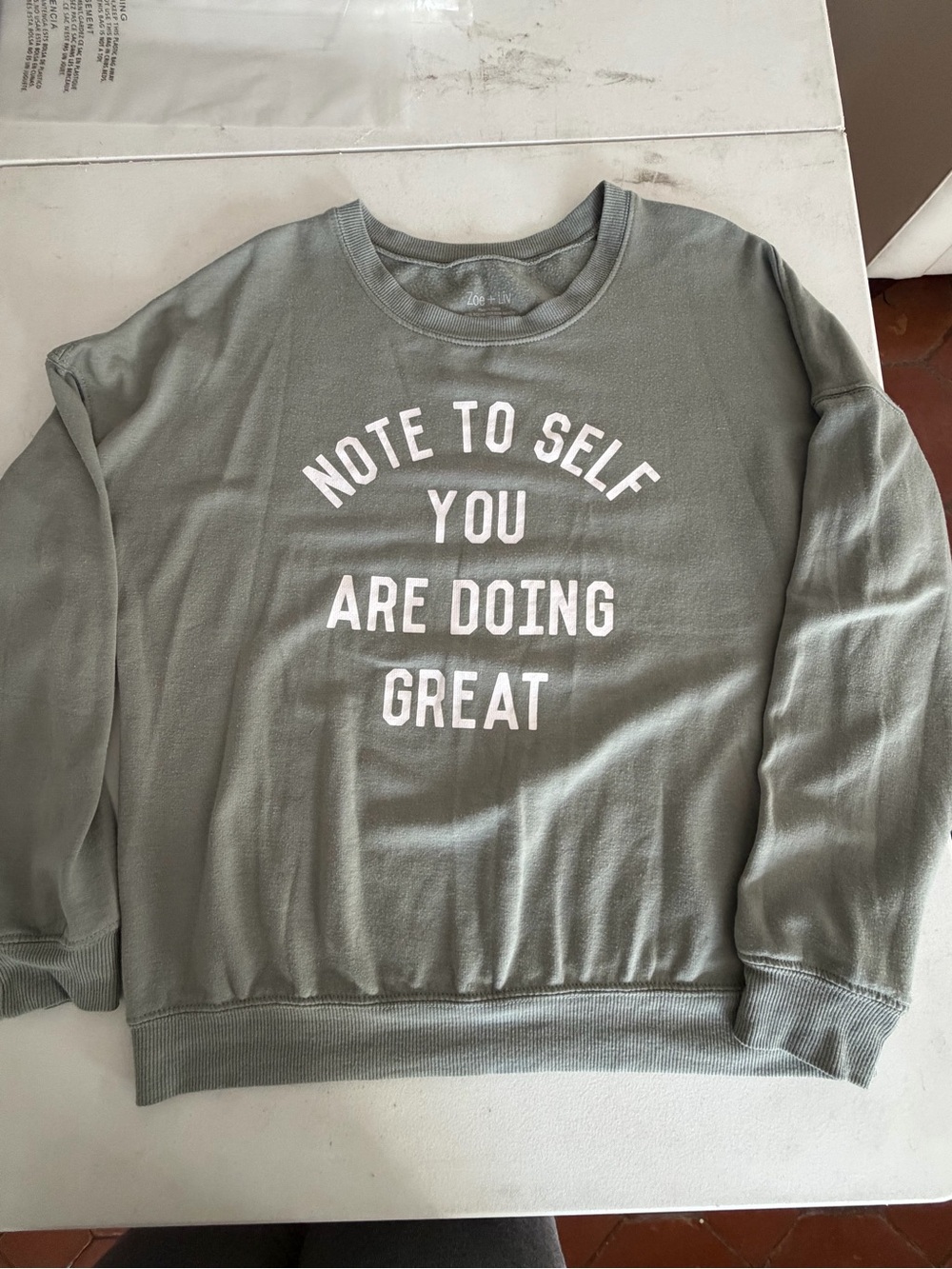 Zoe + Liv Sage Green Crewneck Sweatshirt with White Positive Text